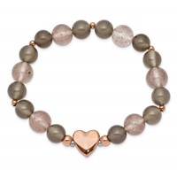 Chisel Stainless Steel Polished Rose IP-plated Heart 10mm Grey Agate and Strawberry Quartz Beaded Stretch Bracelet view 2