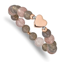 Chisel Stainless Steel Polished Rose IP-plated Heart 10mm Grey Agate and Strawberry Quartz Beaded Stretch Bracelet view 1