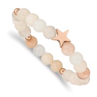 Chisel Stainless Steel Polished Rose IP-plated Star 8.5mm Pink and White Aventurine Beaded Stretch Bracelet view 1