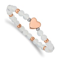 Chisel Stainless Steel Polished Rose IP-plated Heart 6mm White Agate Beaded Stretch Bracelet view 1