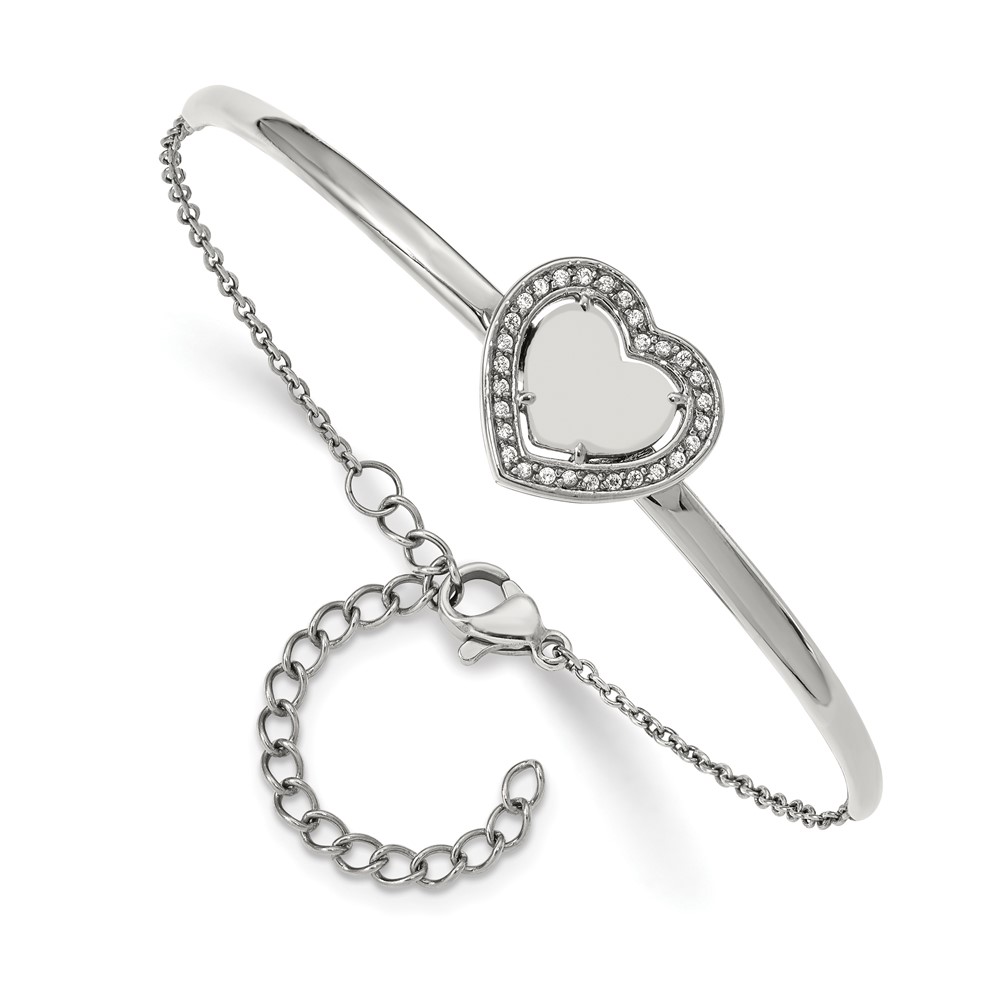 Stainless Steel Polished with CZ Heart 6.5in w/2in ext. Bar Bracelet