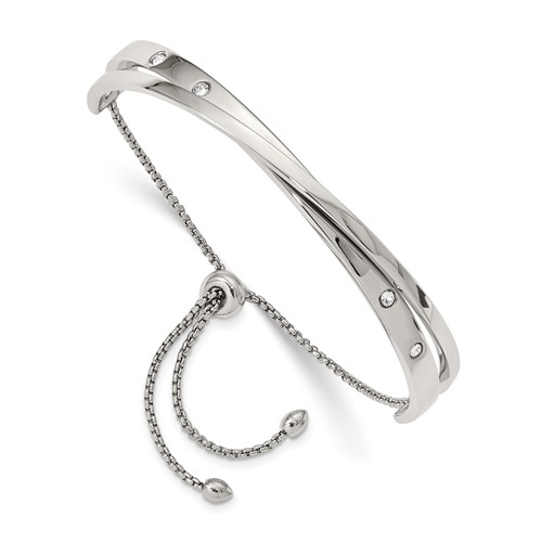 Chisel Stainless Steel Polished Bracelet with Crystals Adjustable Bangle