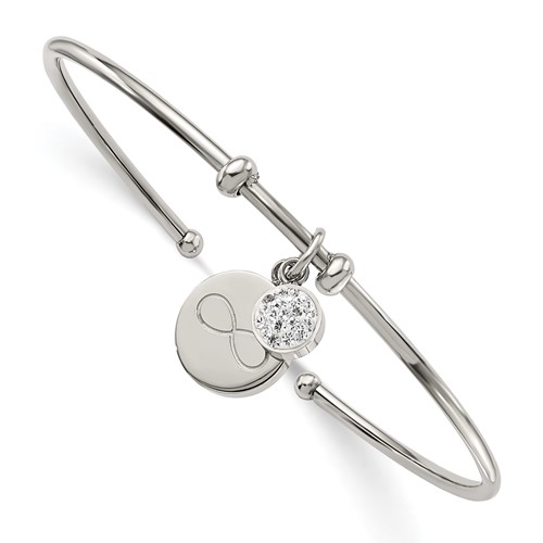 Chisel Stainless Steel Polished Bangle with Preciosa Crystal and Infinity Dangles Flexible Cuff
