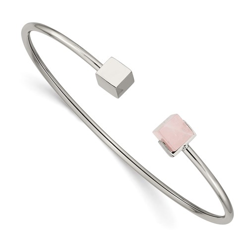 Chisel Stainless Steel Polished Bangle with Rose Quartz Flexible Cuff