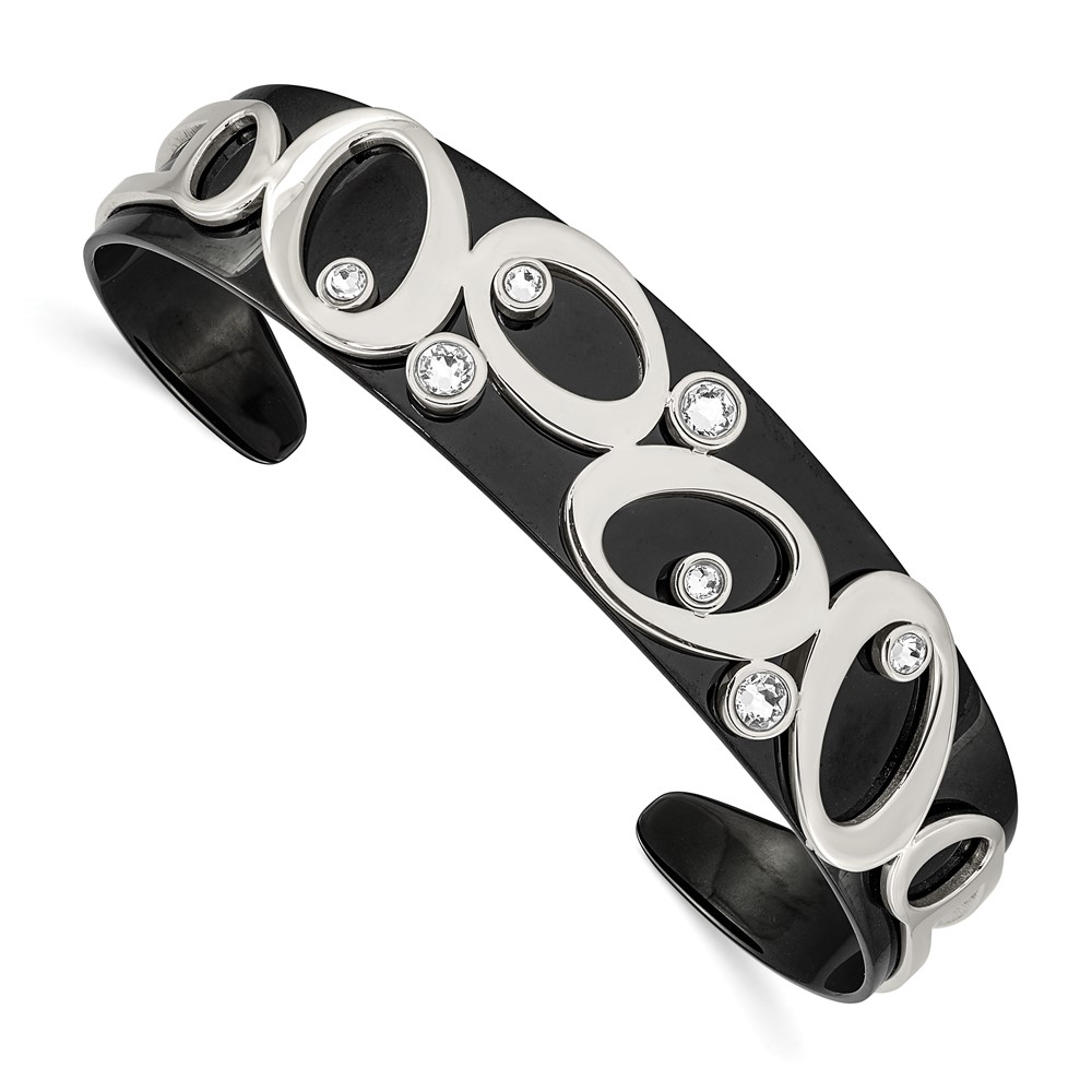 Stainless Steel 15mm Polished Black IP w/Swarovski Crystal Cuff Bracelet