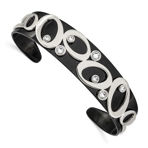 Chisel Stainless Steel Polished Black IP-plated Bangle with Crystals Cuff