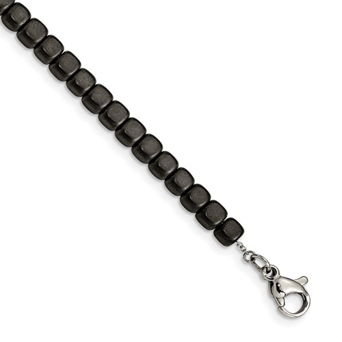 Chisel Stainless Steel Brushed and Polished Square Hematite Beaded Bracelet with 1.25 Inch Extension, 7"