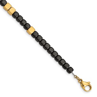 Chisel Stainless Steel Brushed Yellow IP-plated with Square Hematite Beads 7 inch Bracelet with 1.25 inch Extension