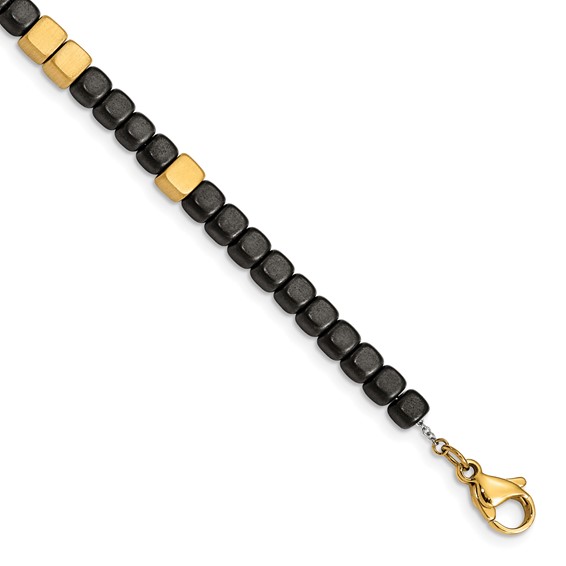 Chisel Stainless Steel Brushed Yellow IP-plated with Square Hematite Beads 7 inch Bracelet with 1.25 inch Extension