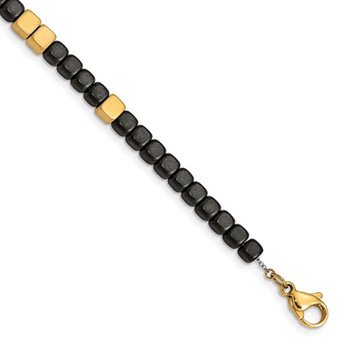 Chisel Stainless Steel Brushed Yellow IP-plated with Square Hematite Beads Bracelet with 1.25 Inch Extension, 7"