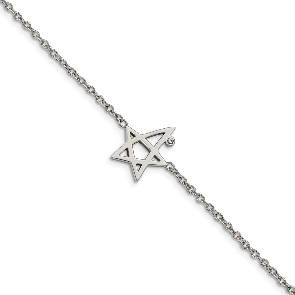 Stainless Steel Polished Bracelet with Crystal with 1in Ext. Star, 7.5"