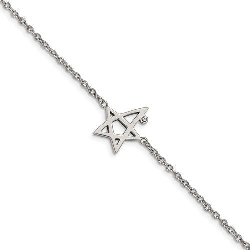 Stainless Steel Polished Bracelet with Crystal with 1in Ext. Star, 7.5"