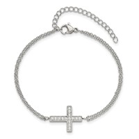 Chisel Stainless Steel Polished CZ Sideways Cross Bracelet with 2 Inch Extension, 6.25" view 4