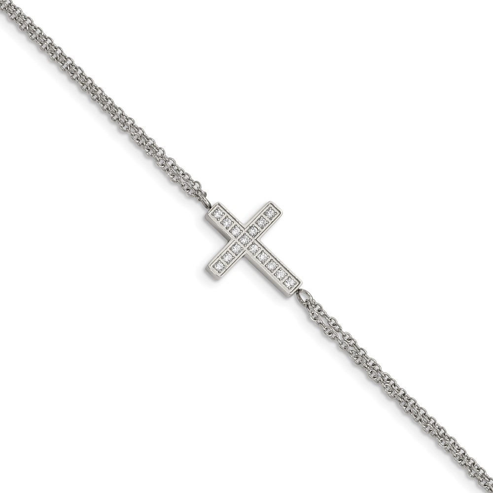 Chisel Stainless Steel Polished CZ Sideways Cross Bracelet with 2 Inch Extension, 6.25"