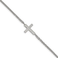 Chisel Stainless Steel Polished CZ Sideways Cross Bracelet with 2 Inch Extension, 6.25" view 1