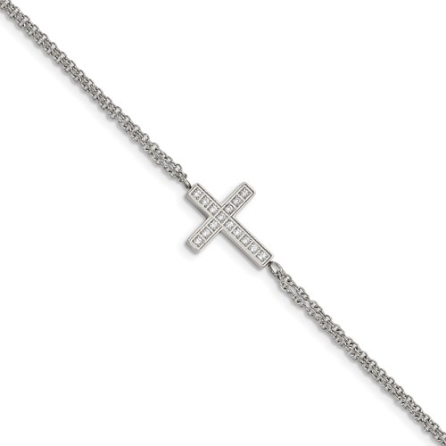 Chisel Stainless Steel Polished CZ Sideways Cross Bracelet with 2 Inch Extension, 6.25"