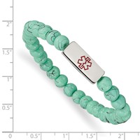 Chisel Stainless Steel Polished Bracelet with Red Enamel Medical ID 6.5mm Turquoise Glass Beaded Stretch view 3