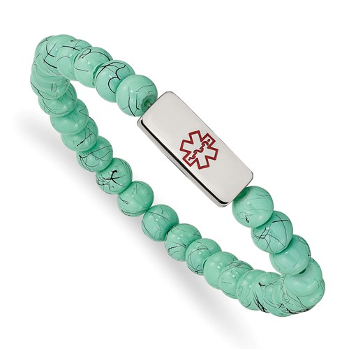 Chisel Stainless Steel Polished Bracelet with Red Enamel Medical ID 6.5mm Turquoise Glass Beaded Stretch