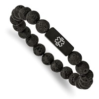 Chisel Stainless Steel Brushed Black IP-plated Bracelet with White Enamel Medical ID 8.5mm Lava Stone Beaded Stretch view 1
