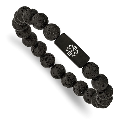 Chisel Stainless Steel Brushed Black IP-plated Bracelet with White Enamel Medical ID 8.5mm Lava Stone Beaded Stretch
