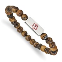Stainless Steel Polished Medical ID Tiger's Eye Bead Stretch Bracelet view 1