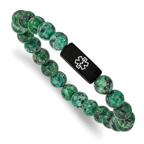 Chisel Stainless Steel Brushed Black IP-plated Bracelet with White Enamel Medical ID 8.5mm Dyed Green Stone Beaded Stretch