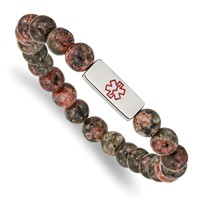 Chisel Stainless Steel Polished Bracelet with Red Enamel Medical ID 8.5mm Poppy Jasper Beaded Stretch view 1