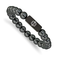 Chisel Stainless Steel Brushed Black IP-plated Bracelet with White Enamel Medical ID 8mm Hematite Beaded Stretch view 1