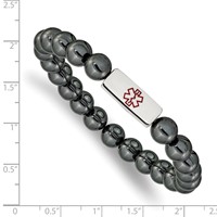 Chisel Stainless Steel Polished Bracelet with Red Enamel Medical ID 8mm Hematite Beaded Stretch view 3
