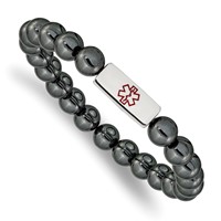 Chisel Stainless Steel Polished Bracelet with Red Enamel Medical ID 8mm Hematite Beaded Stretch view 1