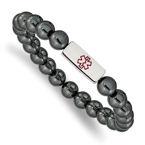 Chisel Stainless Steel Polished Bracelet with Red Enamel Medical ID 8mm Hematite Beaded Stretch