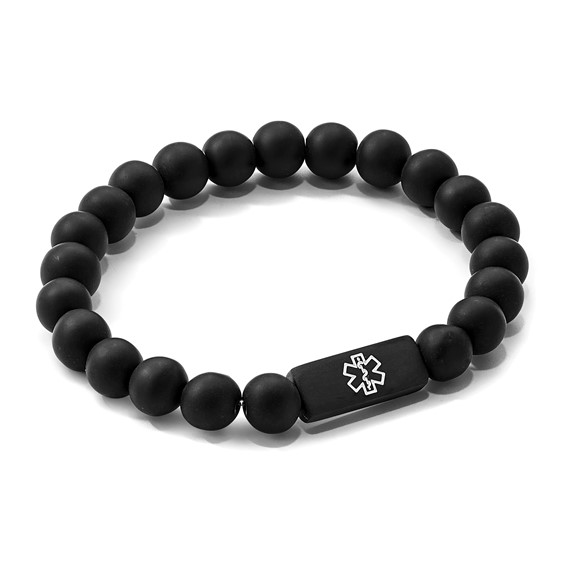 Chisel Stainless Steel Brushed Black IP-plated with White Enamel Medical ID 8.5mm Black Agate Beaded Stretch Bracelet