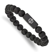 Chisel Stainless Steel Brushed Black IP-plated Bracelet with White Enamel Medical ID 8.5mm Black Agate Beaded Stretch view 1