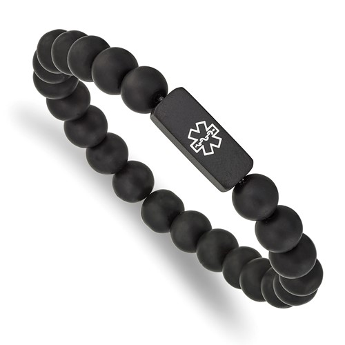 Chisel Stainless Steel Brushed Black IP-plated Bracelet with White Enamel Medical ID 8.5mm Black Agate Beaded Stretch