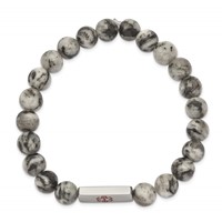 Chisel Stainless Steel Polished Bracelet with Red Enamel Medical ID 8.5mm Lotus Jasper Beaded Stretch view 2