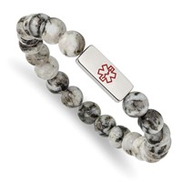 Chisel Stainless Steel Polished Bracelet with Red Enamel Medical ID 8.5mm Lotus Jasper Beaded Stretch view 1