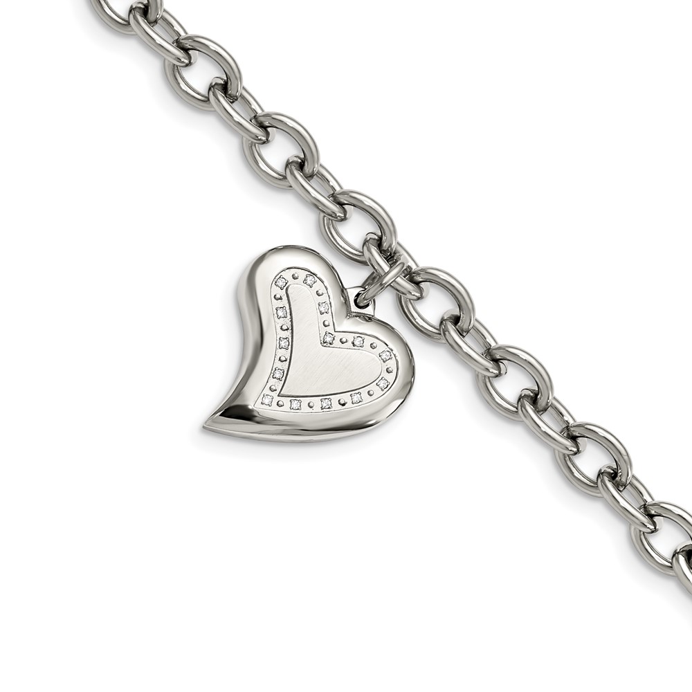 Stainless Steel Polished w/CZ Heart Charm 7.5in Bracelet