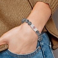 Chisel Stainless Steel Brushed Bracelet with Red Enamel Medical ID 8.5mm Labradorite Beaded Stretch view 4