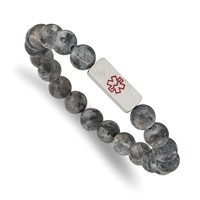 Chisel Stainless Steel Brushed Bracelet with Red Enamel Medical ID 8.5mm Labradorite Beaded Stretch view 1