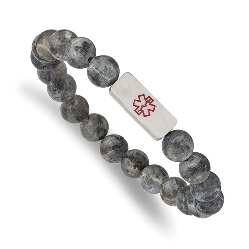 Chisel Stainless Steel Brushed Bracelet with Red Enamel Medical ID 8.5mm Labradorite Beaded Stretch