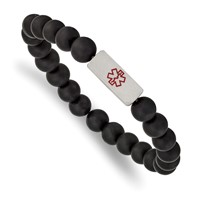 Stainless Steel Brushed Medical ID Plate Black Agate Bead Stretch Bracelet view 1