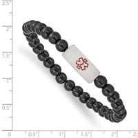 Chisel Stainless Steel Brushed Bracelet with Red Enamel Medical ID 6mm Onyx Beaded Stretch view 3