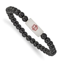 Chisel Stainless Steel Brushed Bracelet with Red Enamel Medical ID 6mm Onyx Beaded Stretch view 1