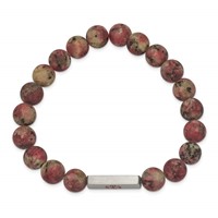 Chisel Stainless Steel Brushed Bracelet with Red Enamel Medical ID 8.5mm Rhodochrosite Beaded Stretch view 2