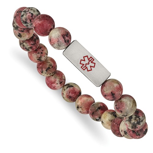 Chisel Stainless Steel Brushed Bracelet with Red Enamel Medical ID 8.5mm Rhodochrosite Beaded Stretch