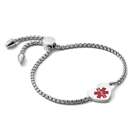 Chisel Stainless Steel Polished with Red Enamel Heart Medical ID Adjustable Bracelet