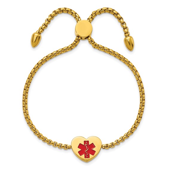 Chisel Stainless Steel Polished Yellow IP-plated with Red Enamel Heart Medical ID Adjustable Bracelet