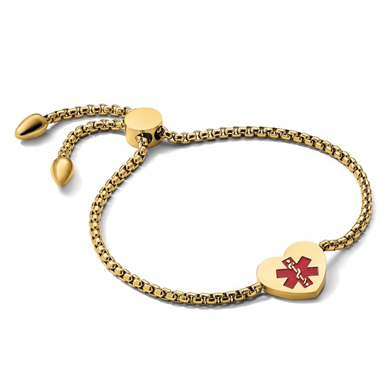 Chisel Stainless Steel Polished Yellow IP-plated with Red Enamel Heart Medical ID Adjustable Bracelet