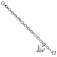 Chisel Stainless Steel Polished Link Bracelet with CZ Heart Dangle Charm, 7.5" view 3