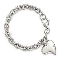 Chisel Stainless Steel Polished Link Bracelet with CZ Heart Dangle Charm, 7.5" view 4